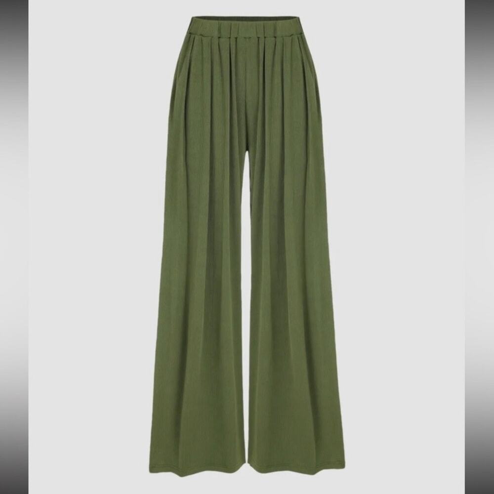 Cider pull on wide leg pants olive green high rise stretch waist ribbed 2XL - Picture 4 of 10